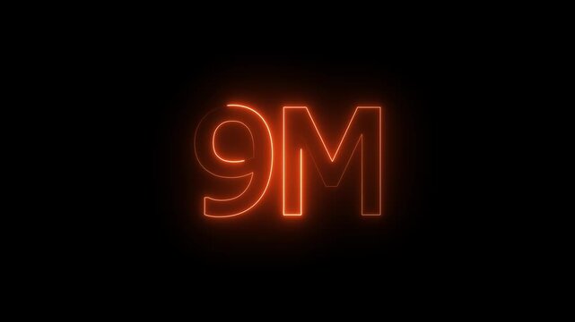 Glowing neon light 9M followers or subscribers celebration text animation on black background, Number 9M Neon Futuristic Effect, Trendy Glow Lighting, 9M animation neon text effect motion. 4k