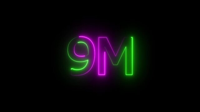 Glowing neon light 9M followers or subscribers celebration text animation on black background, Number 9M Neon Futuristic Effect, Trendy Glow Lighting, 9M animation neon text effect motion. 4k