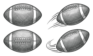 Obraz premium Set of american footballs in different angles and motion styles drawn in a vintage engraved style