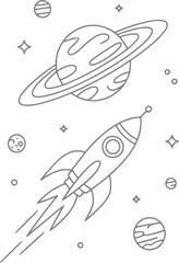 Cute rocket ship and saturn in space with stars and planets © Lisa_Stock