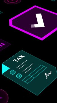 Technical digital portrait interface showing financial corporate tax data sheets, verification checkmarks, and secure locks.