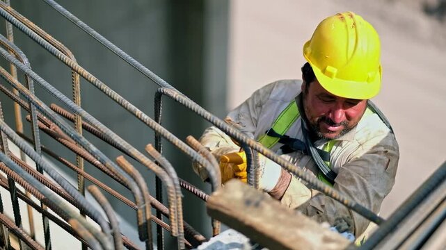 A construction worker in a yellow hard hat installs steel rebar reinforcement on a concrete structure at a building site, showing skilled labor, safety equipment and infrastructure progress.