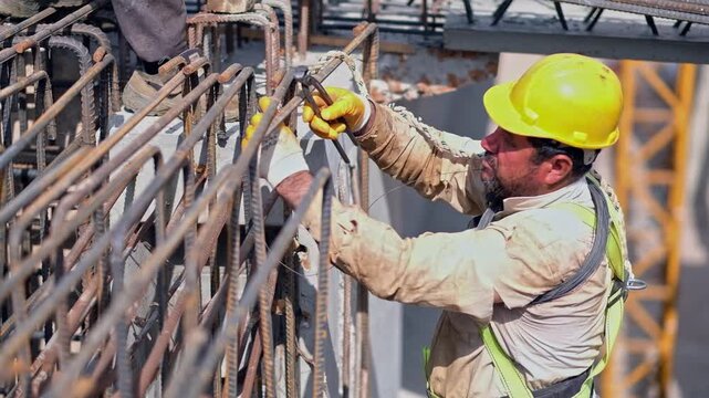 A construction worker in a yellow hard hat installs steel rebar reinforcement on a concrete structure at a building site, showing skilled labor, safety equipment and infrastructure progress.