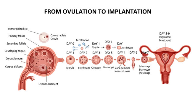 Infographic of female reproductive system from ovulation to implantation