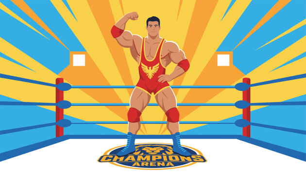 Muscular wrestler in a red eagle singlet posing confidently inside a wrestling ring under dramatic yellow rays.