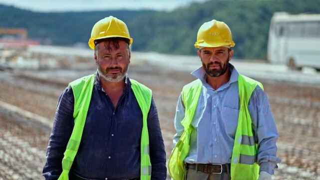 Two construction workers in yellow hard hats and safety vests stand on a bridge deck construction site, representing teamwork, civil engineering, road infrastructure and professional labor.