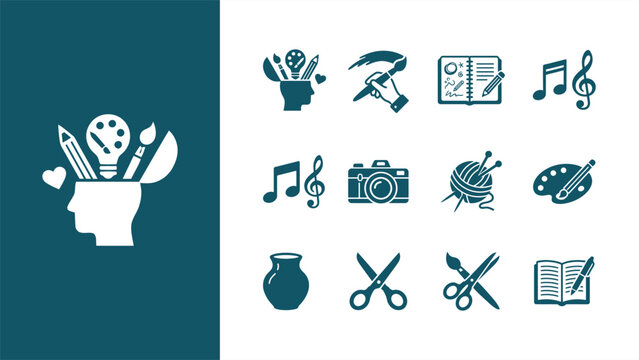 Creative mind silhouette with art tools and icon set representing design, music, photography, and education