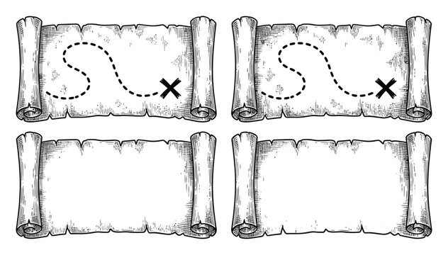 Set of four vintage style hand-drawn treasure map scrolls with dotted paths and x marks