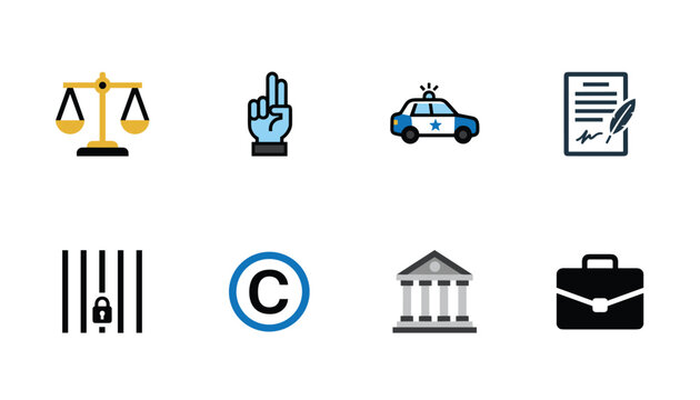 Set of eight law and justice icons including scales police car contract prison bars and courthouse in flat style.