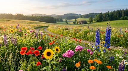 Obraz premium Colorful wildflowers blooming in a sunny meadow with rolling hills in the background