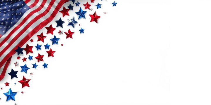 American flag fabric corner with decorative glossy red and blue metallic stars on a plain white background layout
