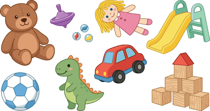 Colorful Kids Toys Vector Illustration Set with Teddy Bear, Doll, Slide, Building Blocks, Car, Dinosaur Plush, and Soccer Ball for Children Nursery Designs
