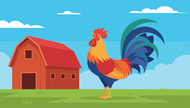 Colorful rooster crowing on a green grassy field in front of a traditional red barn under a bright blue sky.