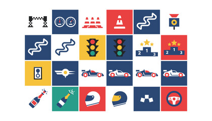 Naklejka premium Grid of flat colorful motorsport icons including racing cars, speedometers, finish lines, helmet and podium.