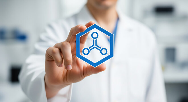 Laboratory worker presenting biotechnology molecule icon for pharmaceutical research presentation or chemical industry development illustration that focuses on gene engineering