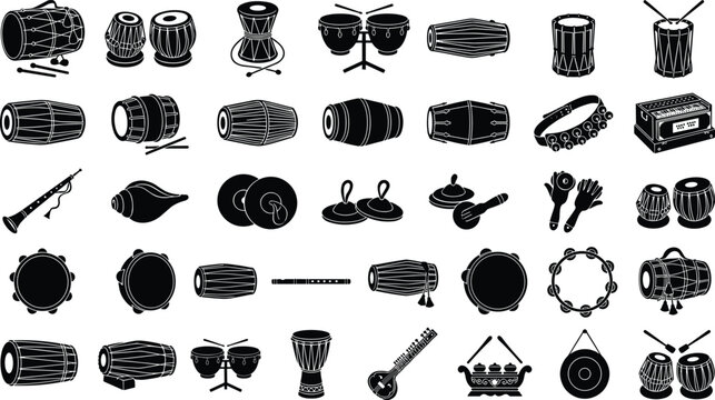 Indian musical instruments icon set featuring traditional drums flute sitar and percussion