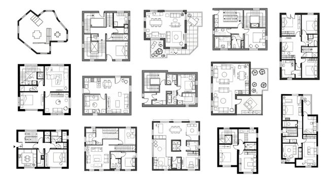 Collection of various house floor plans and blueprints