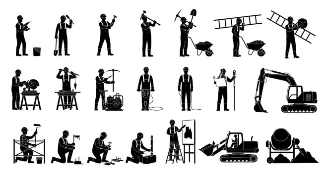 Various construction workers and equipment silhouettes