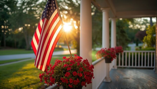 American flag waving on a front porch with red flowers at sunset in a quiet suburban neighborhood during summer