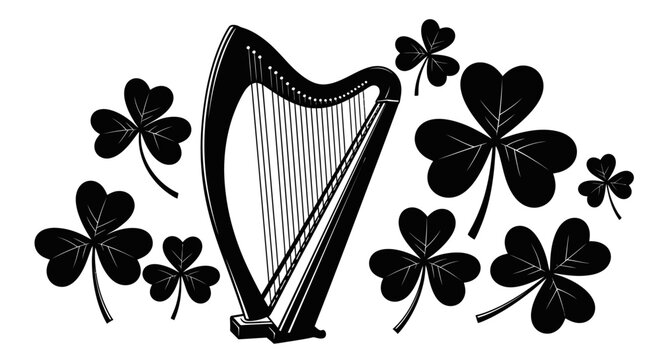 Black harp and shamrocks on white background st patrick's day symbol