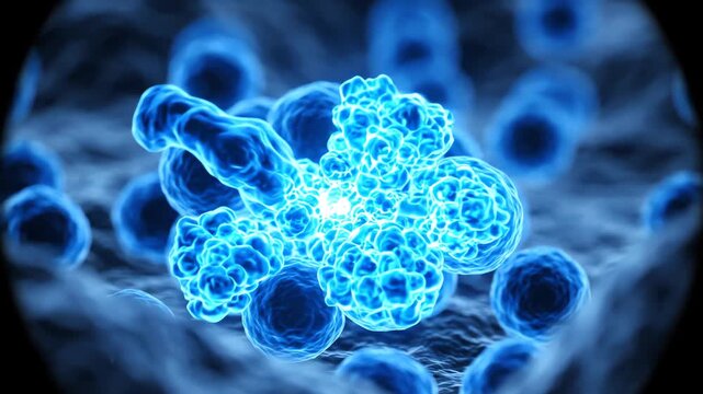 Cinematic microscopic view of vibrant blue cells reacting to light pulses representing gene editing and cellular transformation