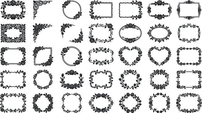 Rose floral frames and borders collection isolated on white background for design