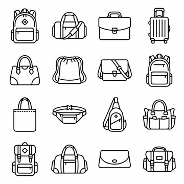 Set of Various Bag and Luggage Outline Icons
