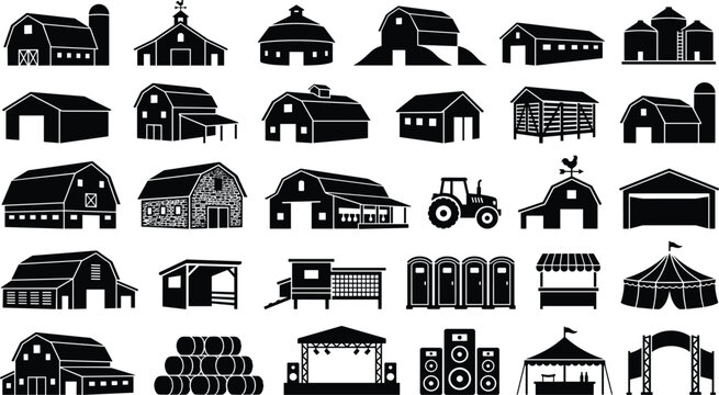 Rustic farm building and agricultural facility set featuring barns silos and structures