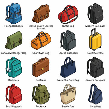 Collection of Various Isometric Bag and Luggage Type Illustrations
