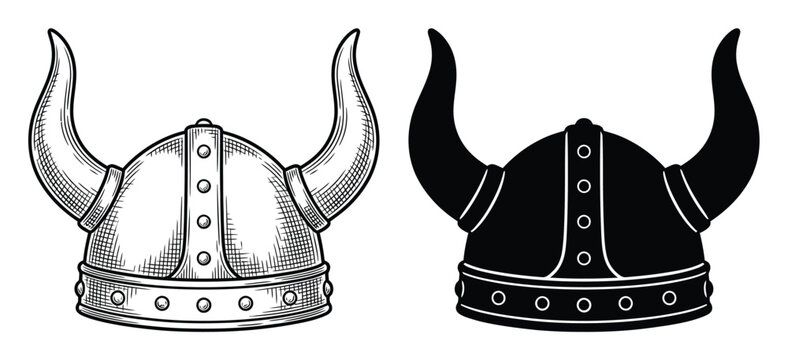 Set of viking helmets with horns in engraved and silhouette styles for historical