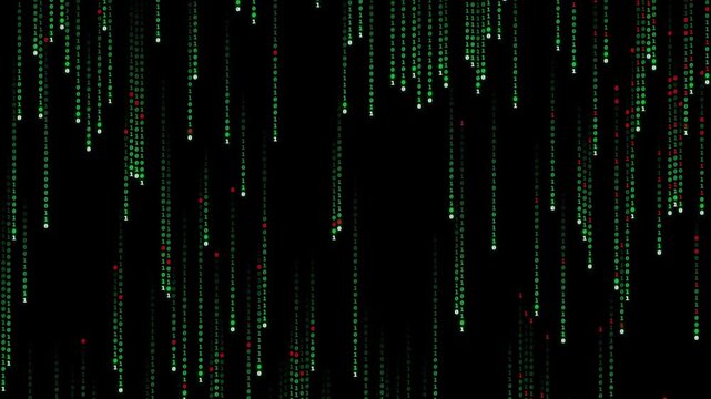 Falling Binary Code Digital Rain Animation with Green and Red Digits on Black Background