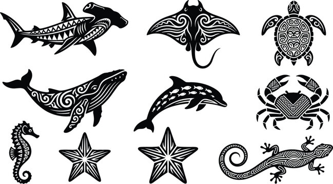 Polynesian Tribal Sea Life Vector Silhouette Icon Set with Maori Tattoo Patterns for Marine and Ocean Graphic Designs