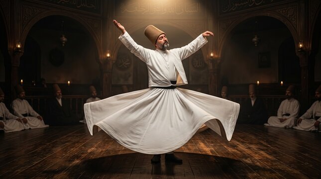 Whirling Dervish performs traditional dance with food offering in a dimly lit room
