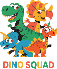 Obraz premium Cute Dino Squad Cartoon Dinosaur Team Illustration with Colorful Prehistoric Characters for Kids Adventure Design