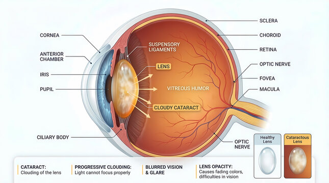 Comprehensive Medical Diagram of Human Eye Anatomy and Cataract Pathophysiology