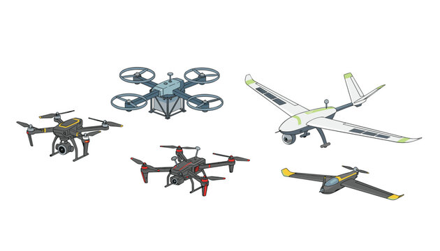 Collection of diverse drone models including quadcopters commercial delivery drones and fixed wing aircraft.