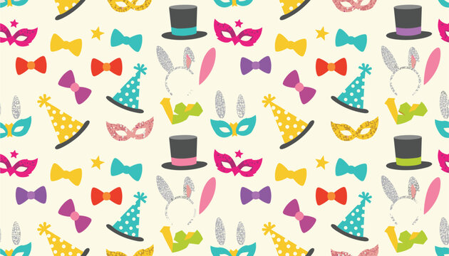 Seamless celebration pattern featuring party hats colorful masks elegant bow ties and playful rabbit ears.