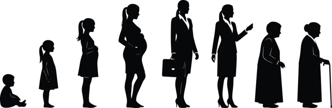 Black silhouette illustration showing stages of a woman&rsquo;s life from infancy to old age symbolizing growth, maturity, and aging for educational, healthcare, and social development concepts