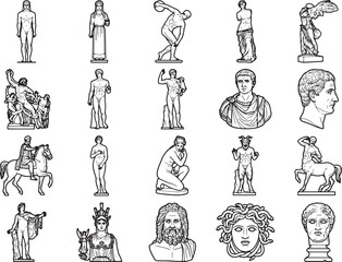 Fototapeta premium A collection of classical Greek and Roman statues, including figures in motion, busts, and mythical creatures, presented in a clean, illustrative style, celebrating ancient art and mythology.
