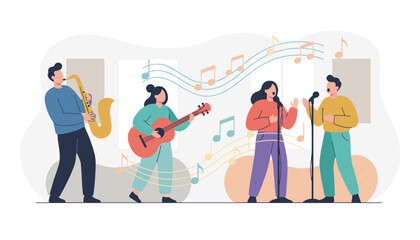 Fototapeta premium Music band of four young people performing together, singing and playing instruments like saxophone and guitar.
