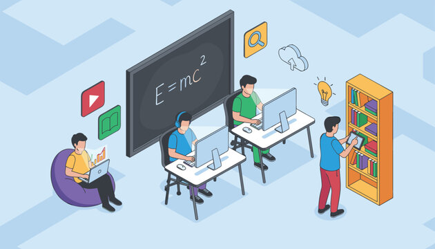 Isometric online education illustration showing students studying on computers with icons of books and files.