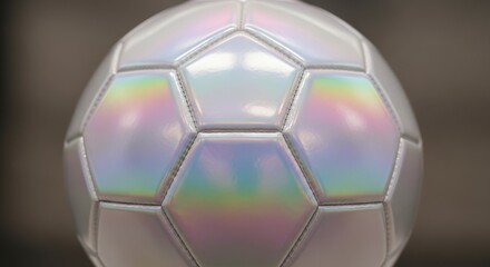 Naklejka premium Close-up Holographic Foil Soccer Ball with Rainbow Reflective Surface and Hexagonal Pattern