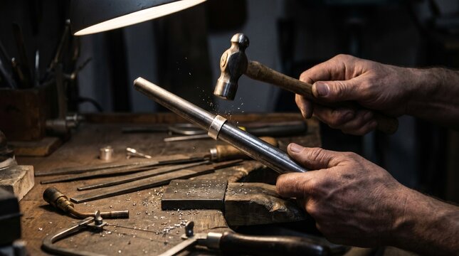 Close up of a jeweler's hands shaping a silver ring on a mandrel with a ball-peen hammer in a dimly lit workshop