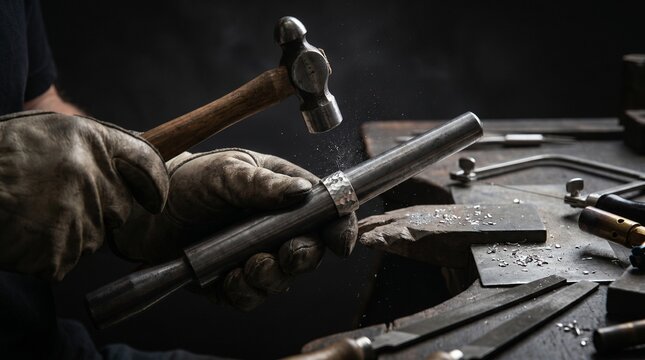 Close up of an artisan jeweler's hands in gloves hammering a metal ring on a mandrel in a workshop with sparks and tools