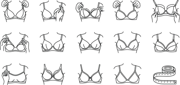 bra icon vector, lingerie silhouette design, underwear vector illustration, fashion design template, clothing symbol icon, strap variation vector, cup shape illustration, fitting illustration set