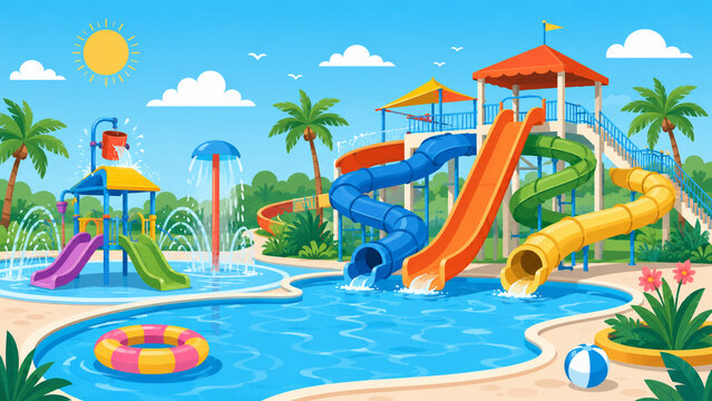 Summer water park flat vector illustration with slides and splash pool
