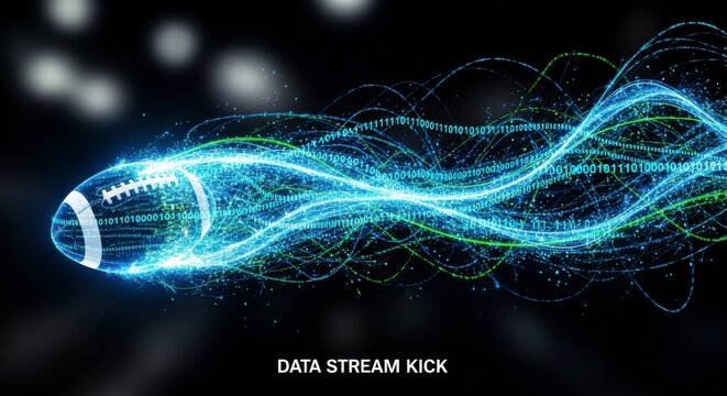 Digital glowing neon football in motion with binary code data stream on dark background