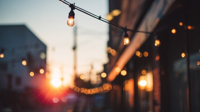 String lights illuminating an urban street scene at sunset, creating a relaxing and inviting ambiance with warm glow and soft bokeh