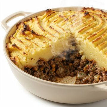 French Hachis Parmentier Baked Minced Beef Casserole with Golden Ridged Mashed Potato Crust Isolated on White Background