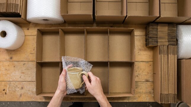 Overhead view of hands wrapping a handmade ceramic mug in bubble wrap to be packed into a cardboard shipping box with dividers for delivery.